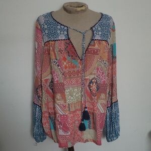 Feathers By Tolani Bohemian Patchwork Blouse with Tassel Tie L